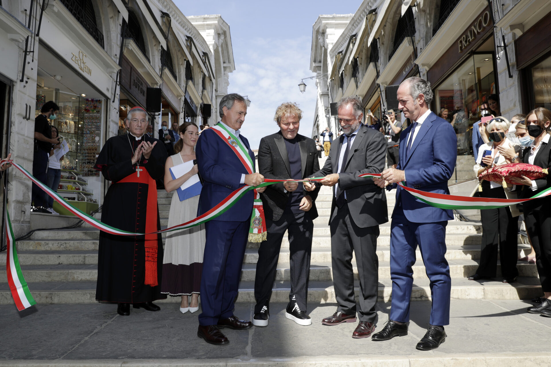 VENICE, ITALY - SEPTEMBER 07: attend the Inauguration of Rialto Bridge after OTB Restoration Works on September 07, 2021 in Venice, Italy. (Photo by John Phillips/Getty Images for OTB)